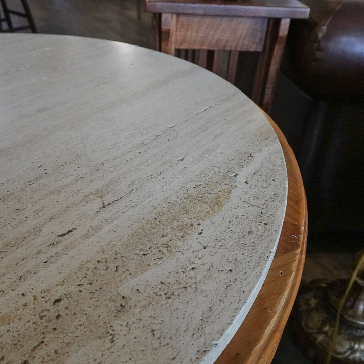 Travertine and Wood Round Occational Table