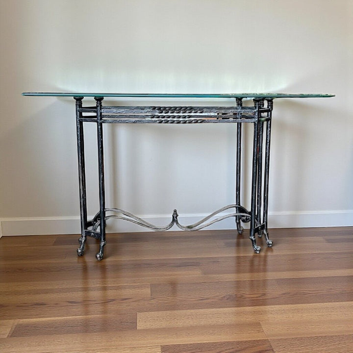 Orig Price $450 - Glass & Iron Sofa table
