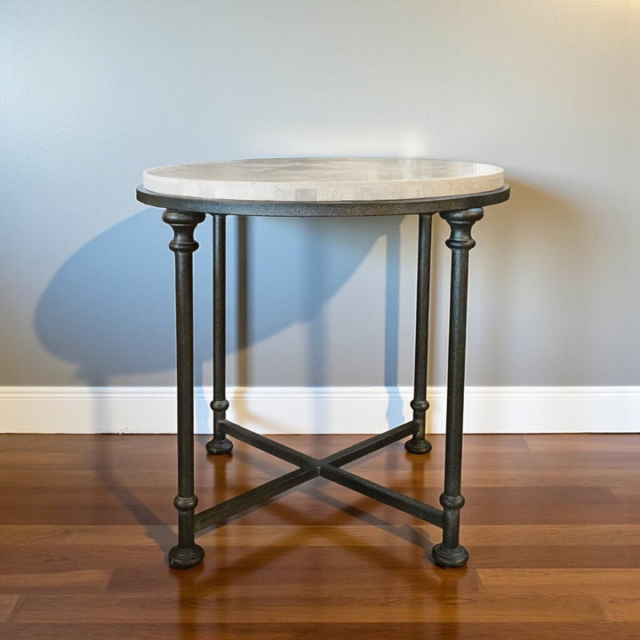 Orig Price $1200 - Galesbury Travertine and Iron End Table