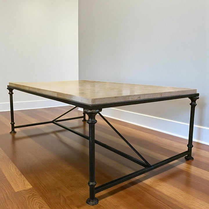 Orig Price $1500 - Galesbury Travertine and Iron Cocktail Table