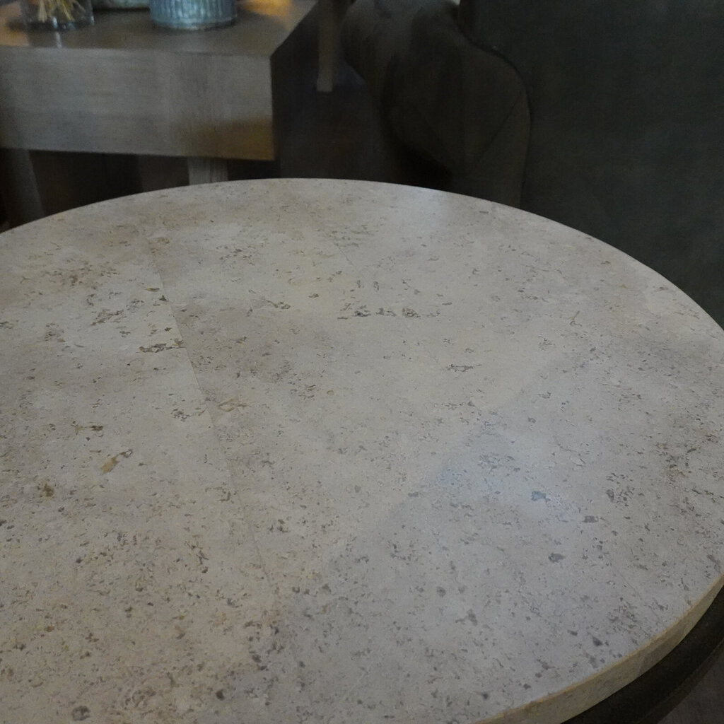 Orig Price $1200 - Galesbury Travertine and Iron End Table