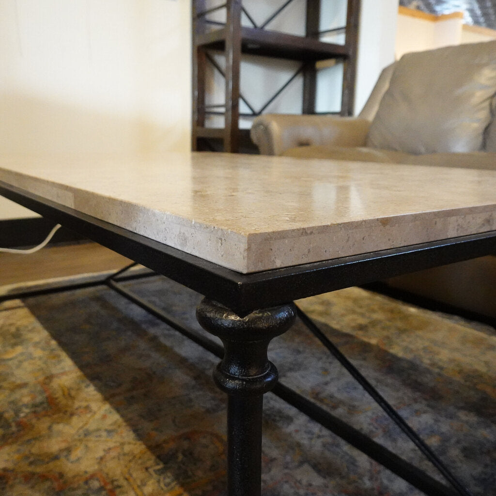 Orig Price $1500 - Galesbury Travertine and Iron Cocktail Table