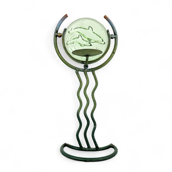 Wrought Iron & Glass Dolphins Candle Holder