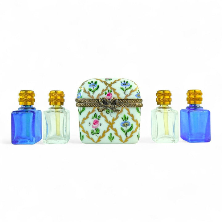 Floral Trinket Box with 4 Perfume Bottles