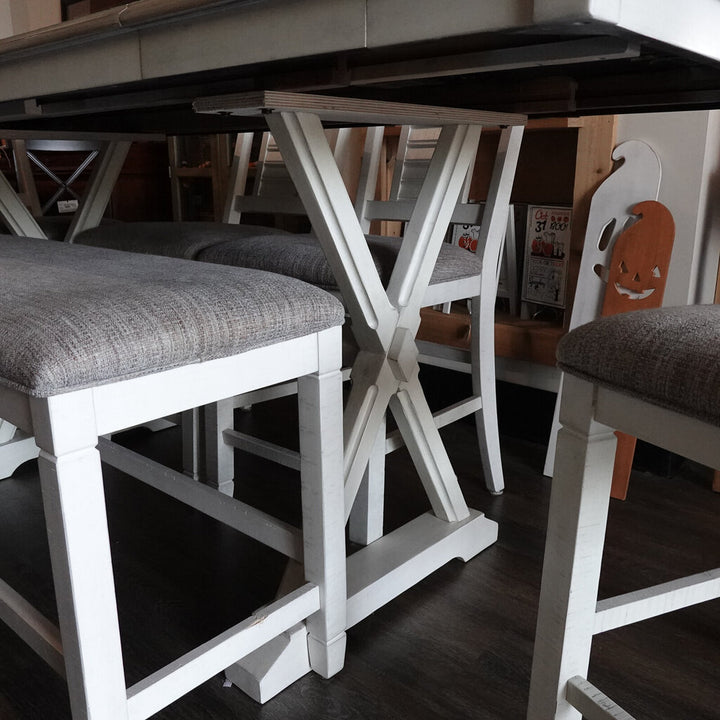 Orig Price $1700 - Pub Height Table with Extensions, Chairs and Bench