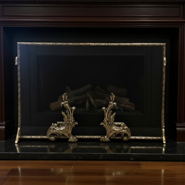 Orig Price $2000 - Custom Fireplace Screen w/ Andirons