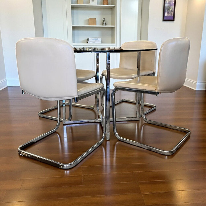 MCM Glass & Chrome Dining Table w/ 4 Chairs