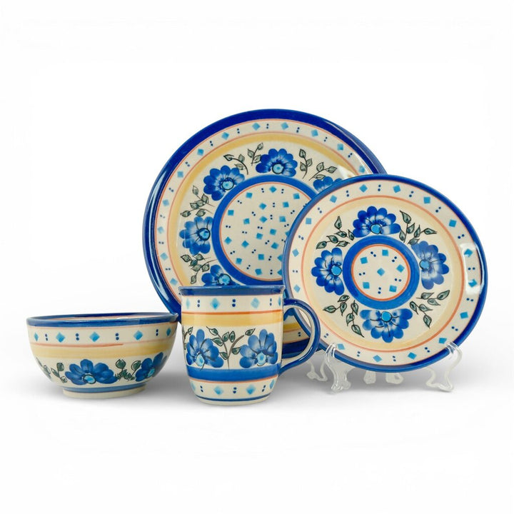 Orig Price $1200 - 44 piece Blue Diamond Flowers Polish Pottery Dining Set