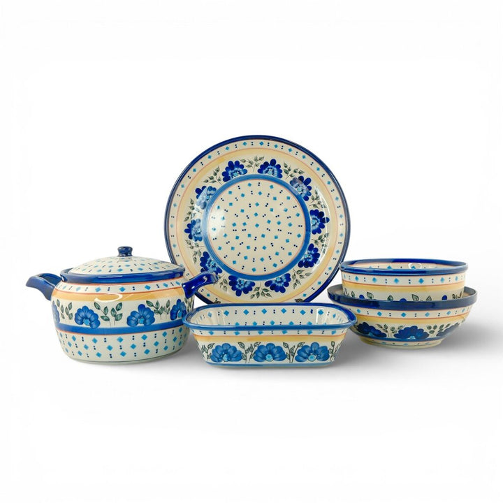 Orig Price $1200 - 44 piece Blue Diamond Flowers Polish Pottery Dining Set