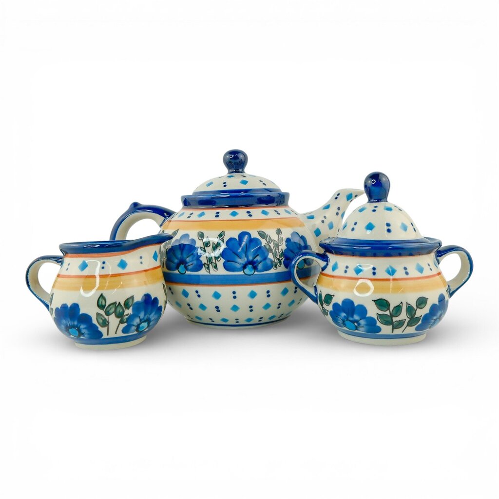 Orig Price $1200 - 44 piece Blue Diamond Flowers Polish Pottery Dining Set