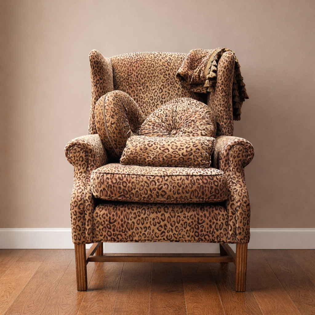 Orig Price $600 - Leopard Wing Back Chair w/ Accent Pillows & Blanket - Acosta's Home