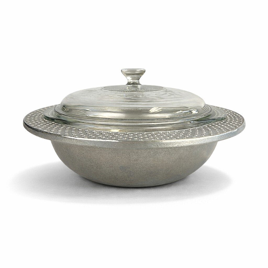 Round Pewter Casserole Baker Trivet w/ Lidded Glass Insert - Acosta's Home