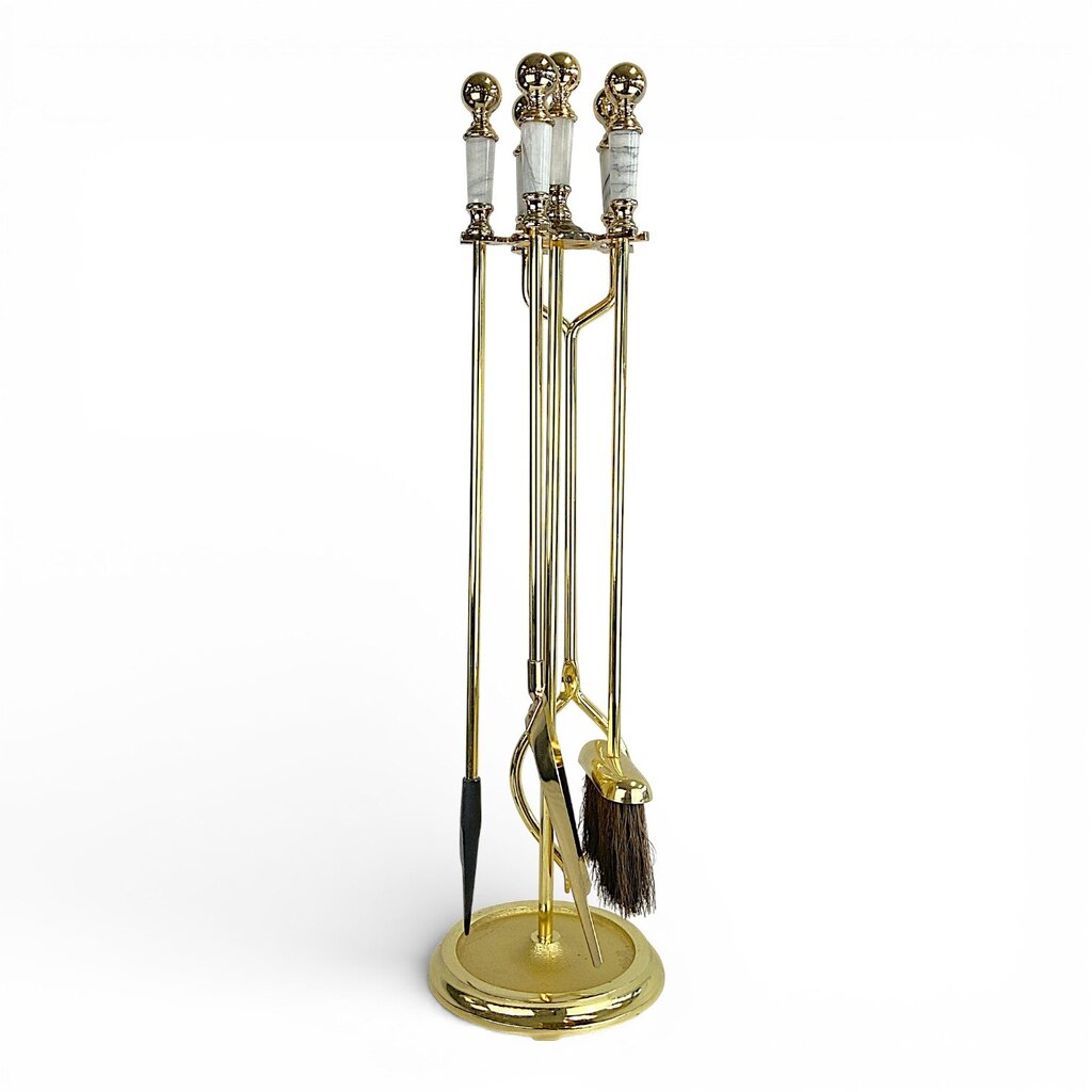 Set of 4 Brass Fireplace Tools w/ Stand & Marble Handles - Acosta's Home
