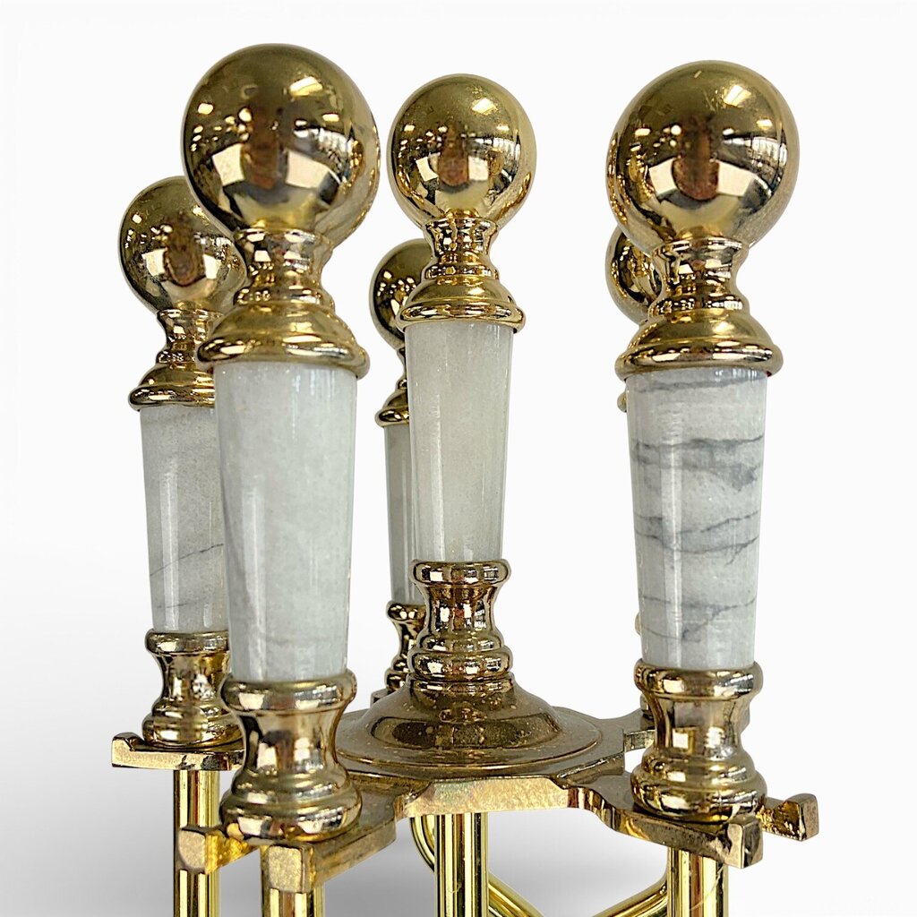 Set of 4 Brass Fireplace Tools w/ Stand & Marble Handles - Acosta's Home