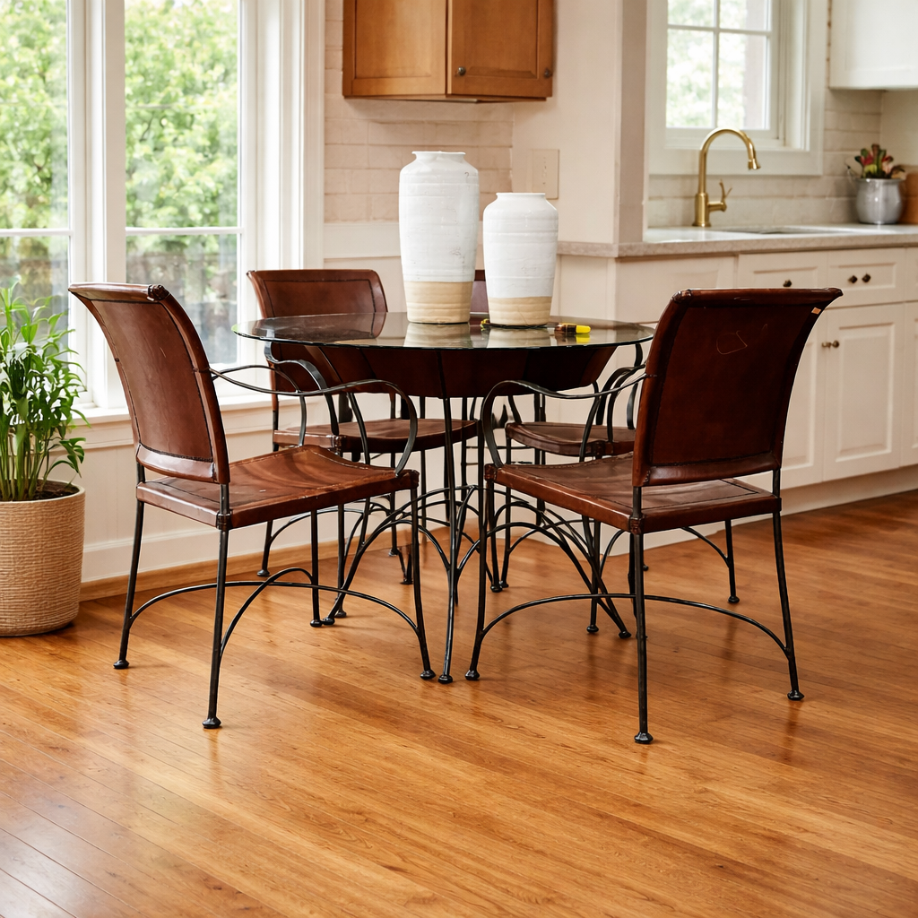 Round Glass Dining Table w/ 4 Leather & Iron Chairs - Acosta's Home