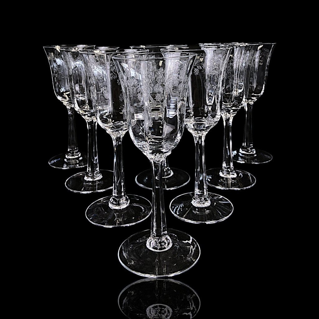 Set of 8 Etched Crystal Wine Glasses - Castle Garden - Acosta's Home