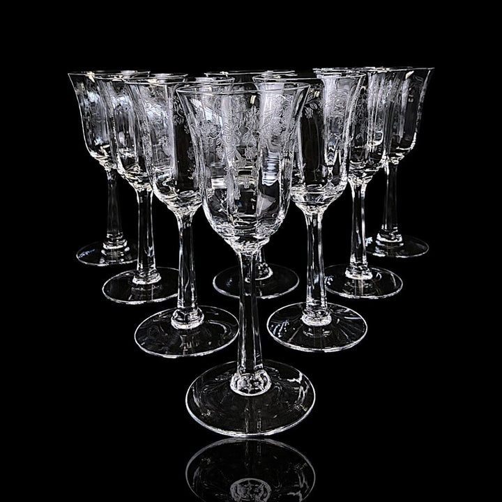 Set of 8 Etched Crystal Wine Glasses - Castle Garden - Acosta's Home