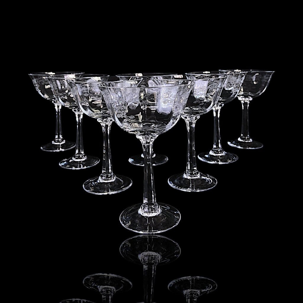 Set of 8 Etched Crystal Champagne Sherbert Glasses - Castle Garden - Acosta's Home