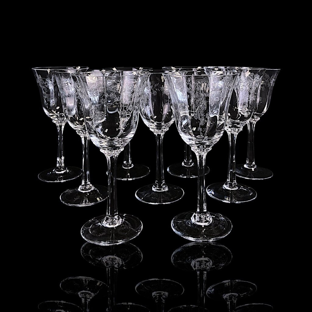 Set of 9 Etched Crystal Water Goblets - Castle Garden - Acosta's Home