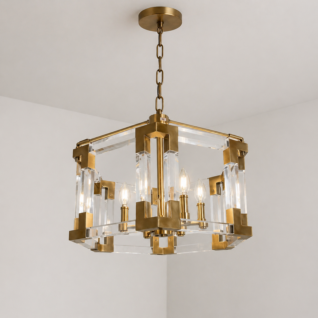 Orig Price $720 - Geometric Crystal & Brushed Brass Chandelier