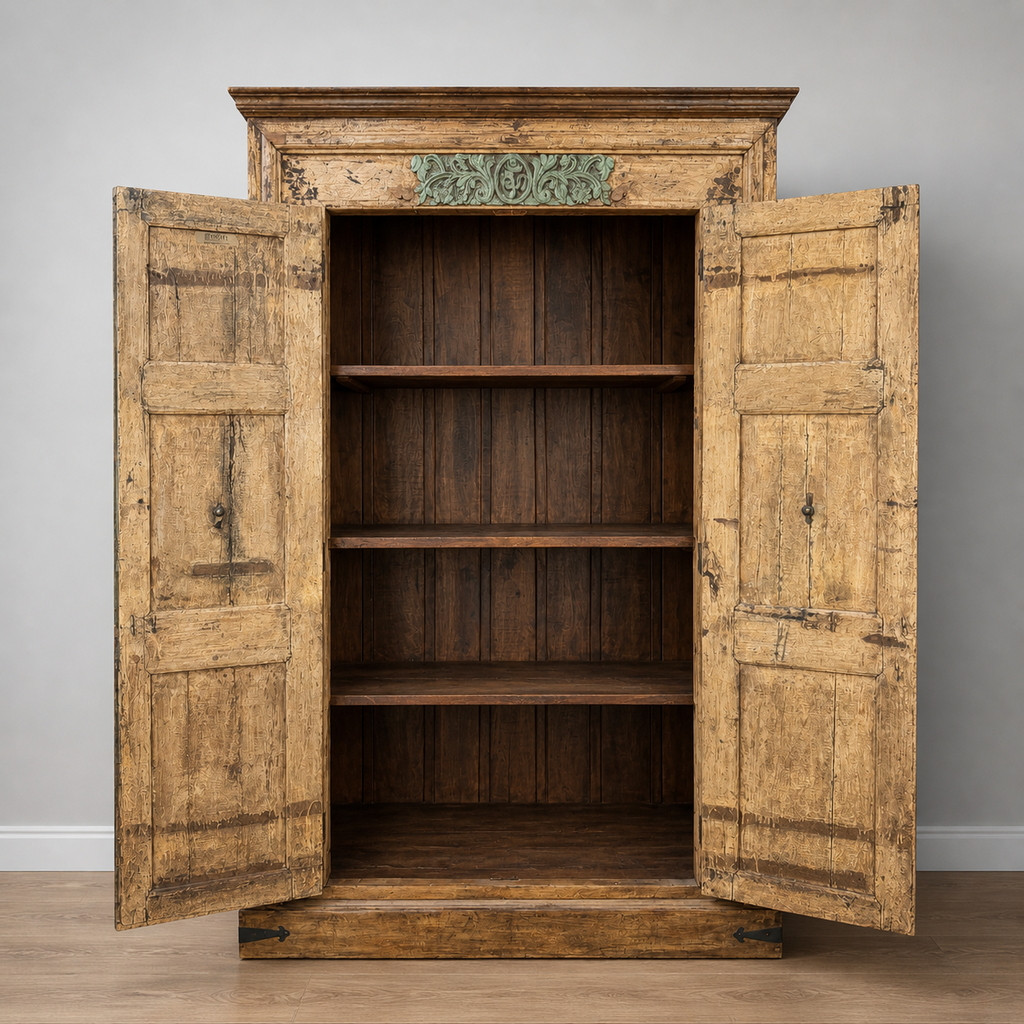 Rustic Cabinet with Carved Detail & Patina Finish
