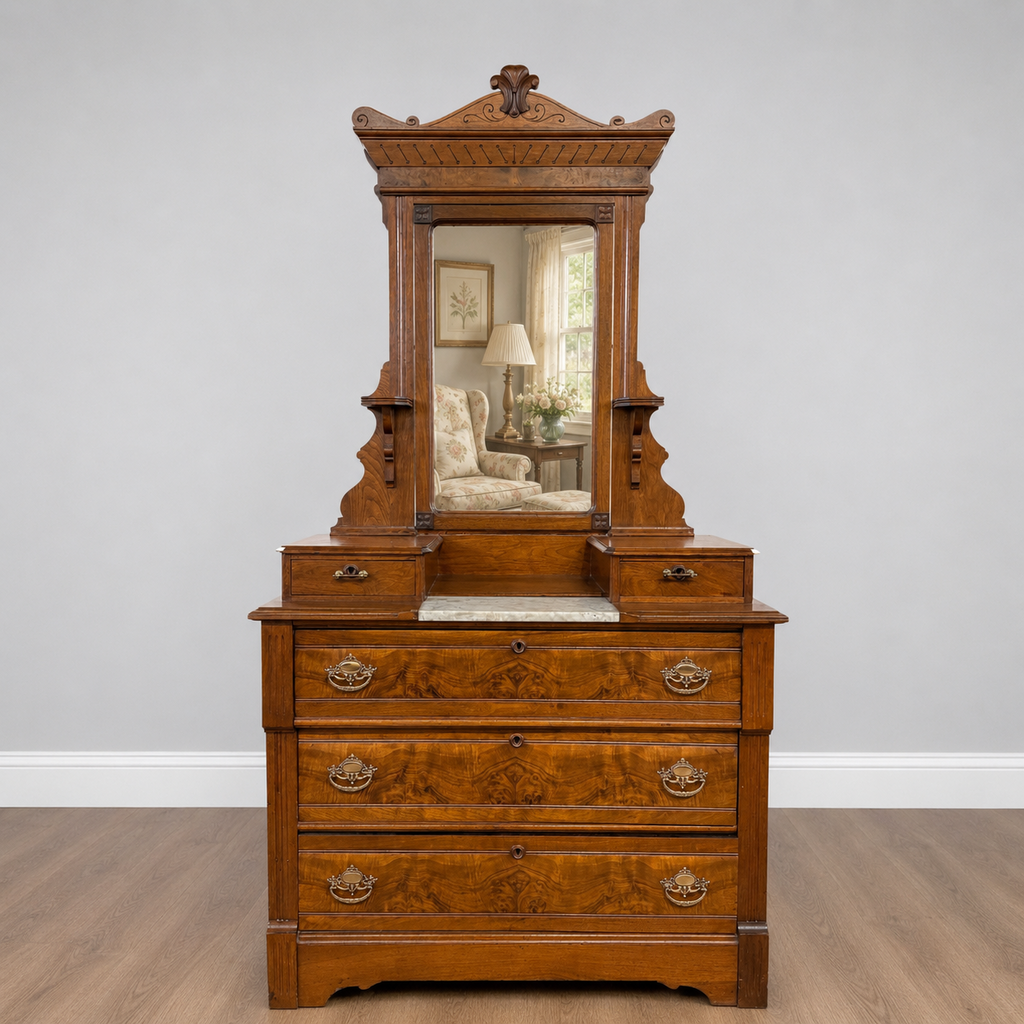 victorian dresser Antique Three Drawer Dresser Wishbone Swivel Mirror and Top Glove Boxe –  Standpipe Antiques main image 1