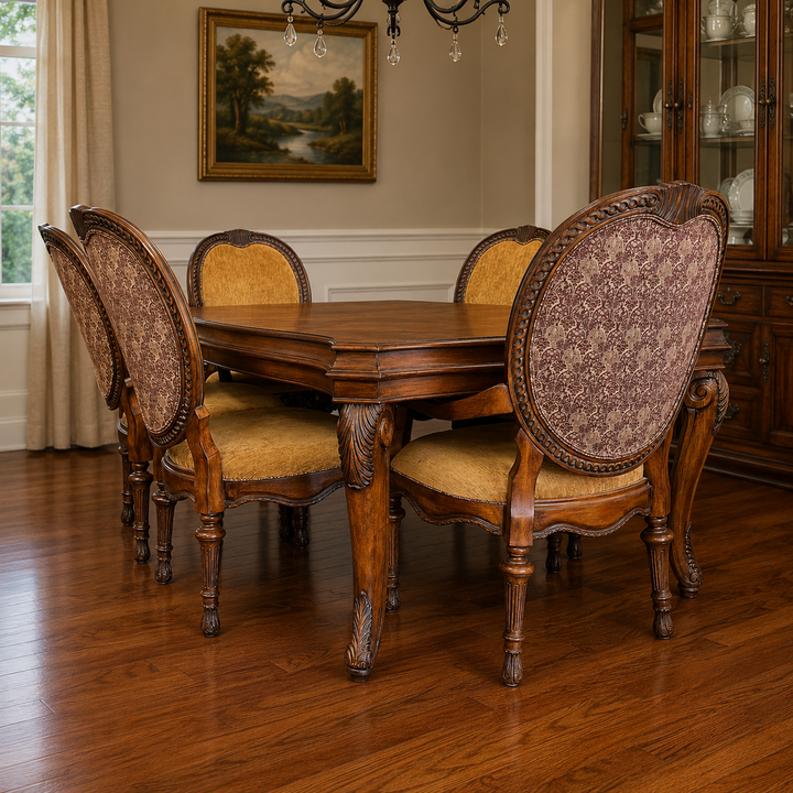 Dining Table w/ 8 Chairs, 2 Leaves, & Pads