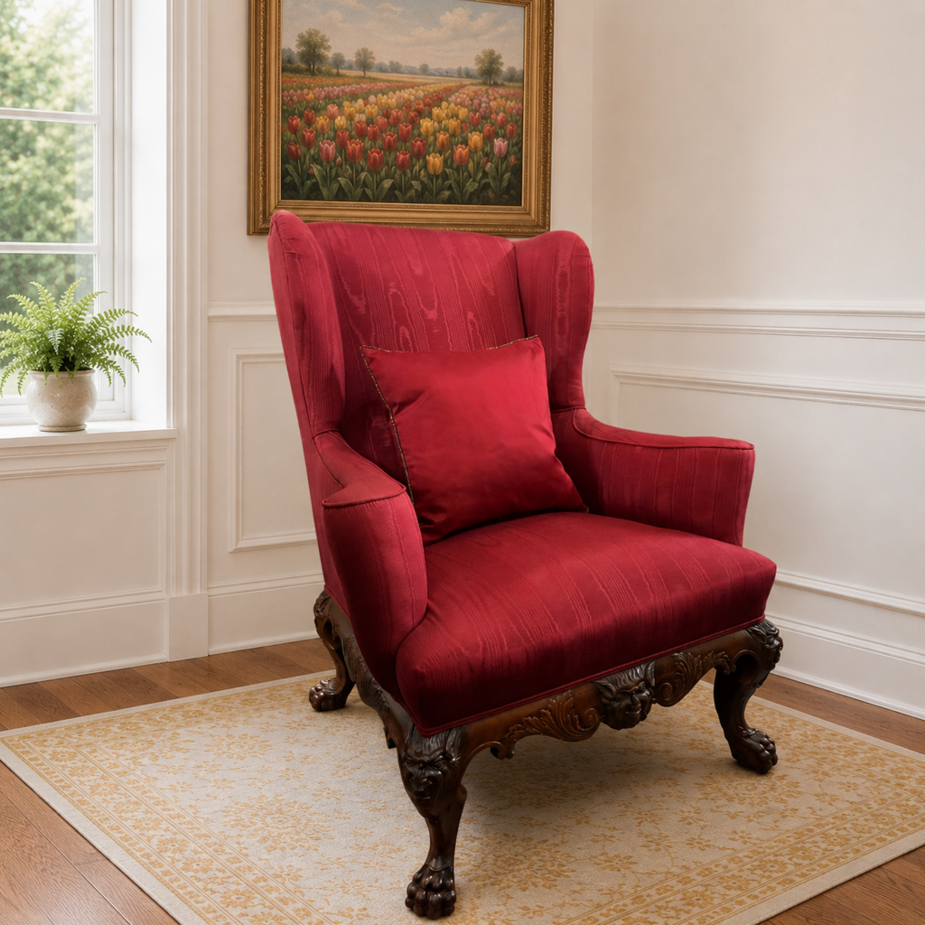 Upholstered Wingback Chair w/ Ornate Carved Wood Frame