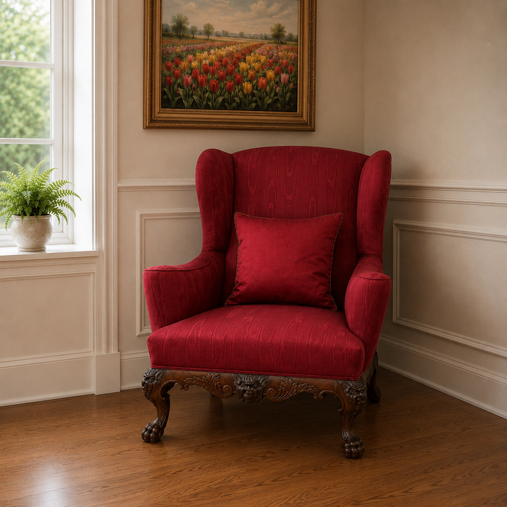 Upholstered Wingback Chair w/ Ornate Carved Wood Frame