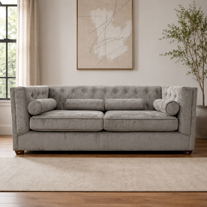 Tufted Sofa w/ 4 Roll Pillows