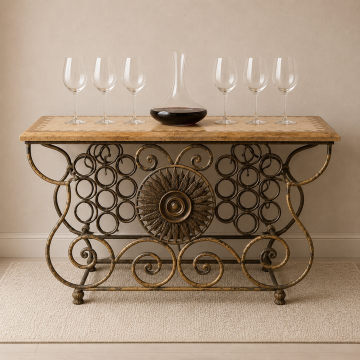 Orig. Price $1,200 - Wrought Iron Wine Rack w/ Mosaic Stone Top
