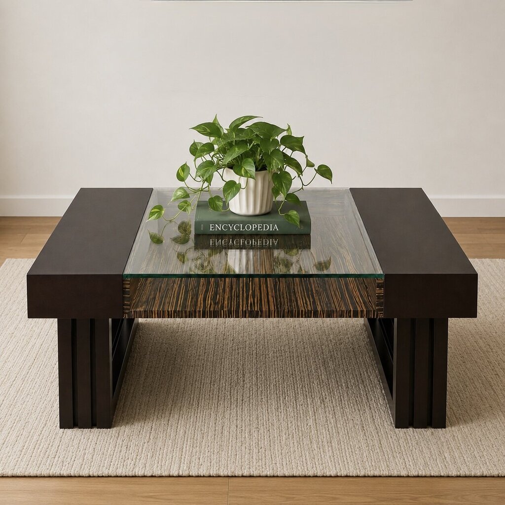Orig. Price $8,000 - Modern Wood & Glass Cocktail Table