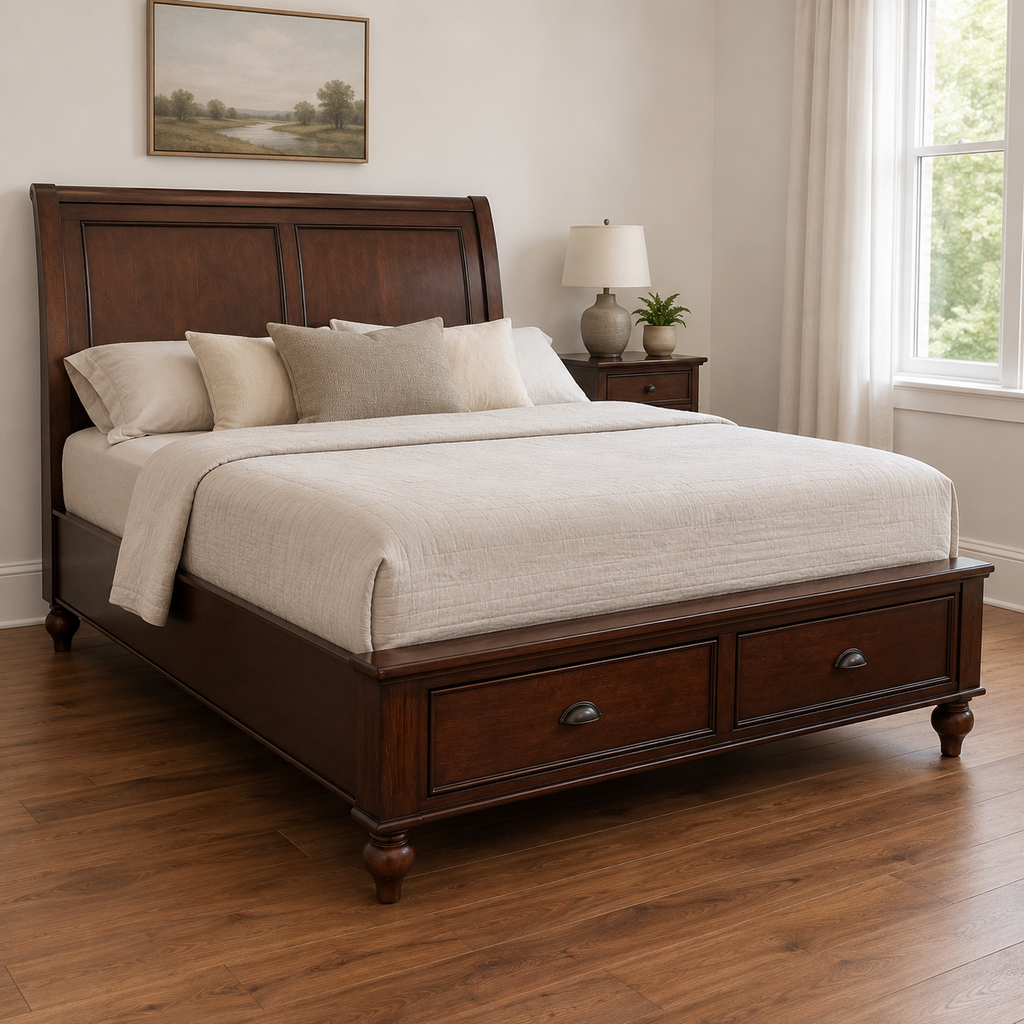 Orig Price $1800 - Queen Sleigh Bed w/ Storage