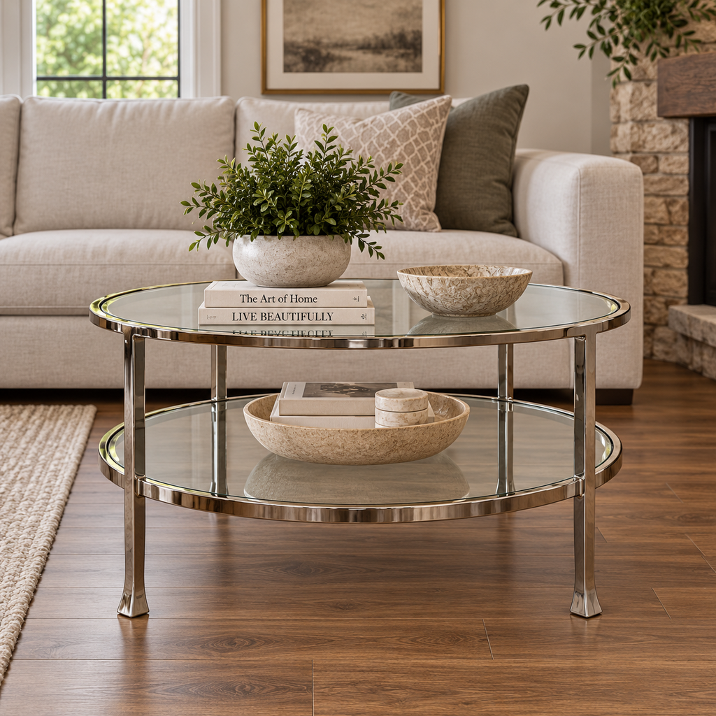 Orig Price $300 - Round Chrome & Glass Cocktail Table