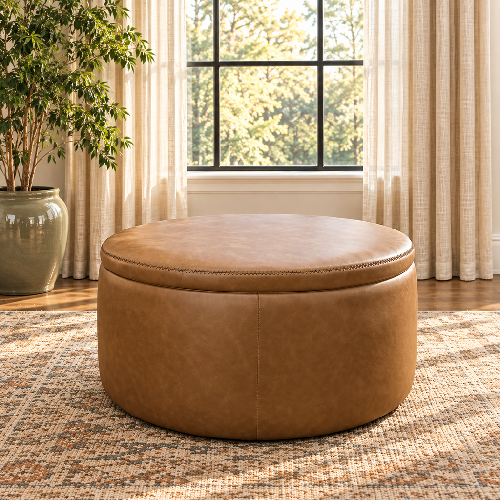 Vegan Leather Round Ottoman w/ Storage