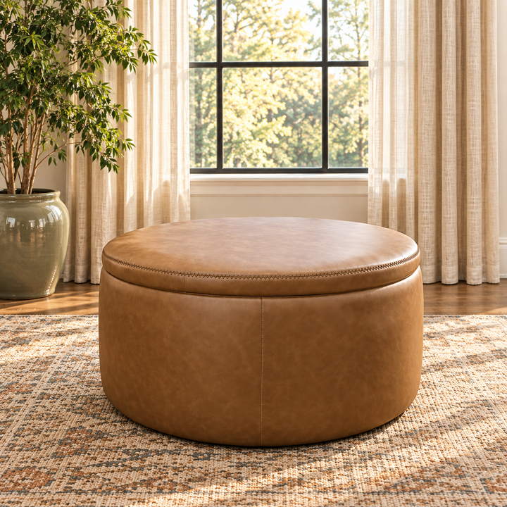 Vegan Leather Round Ottoman w/ Storage