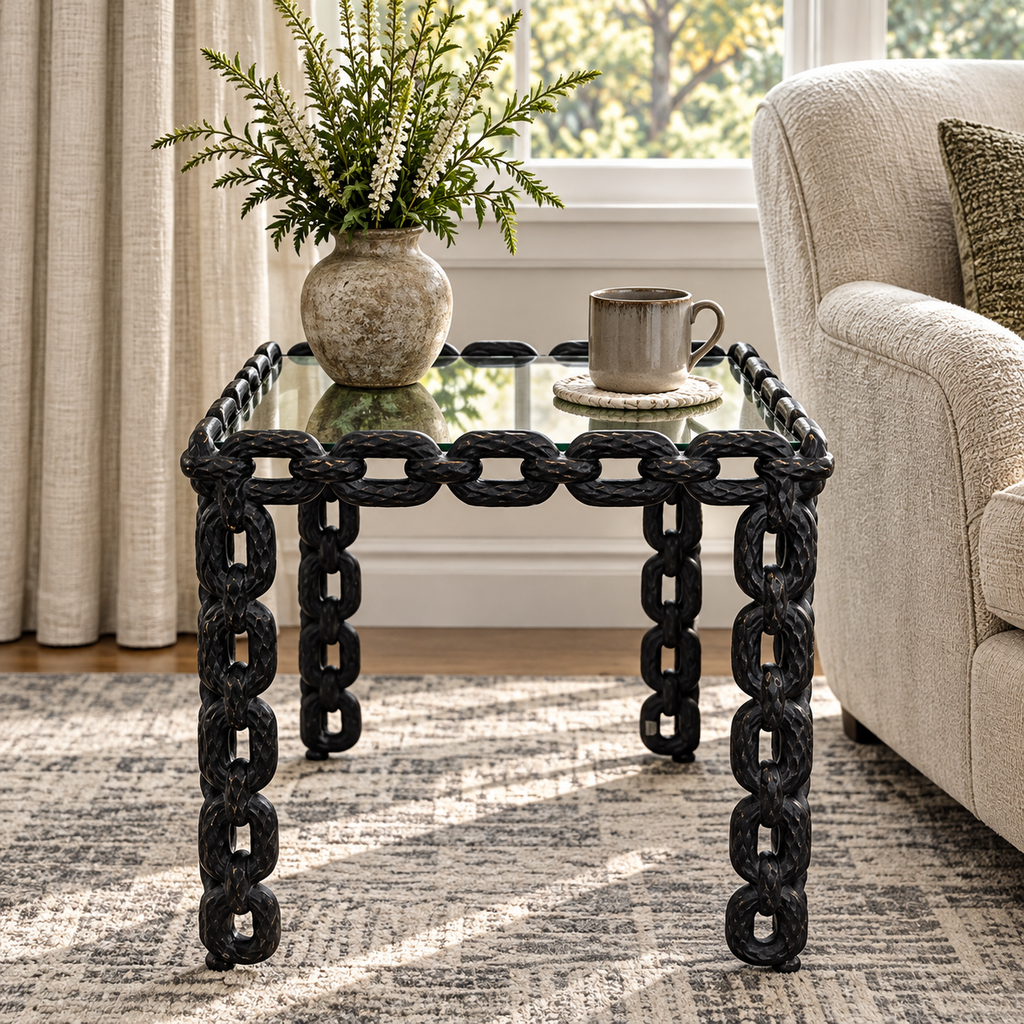 Orig. Price $1,700 - Franz West-style Cast Iron Chain Link & Glass Side Table