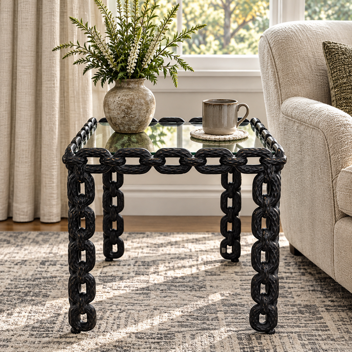 Orig. Price $1,700 - Franz West-style Cast Iron Chain Link & Glass Side Table