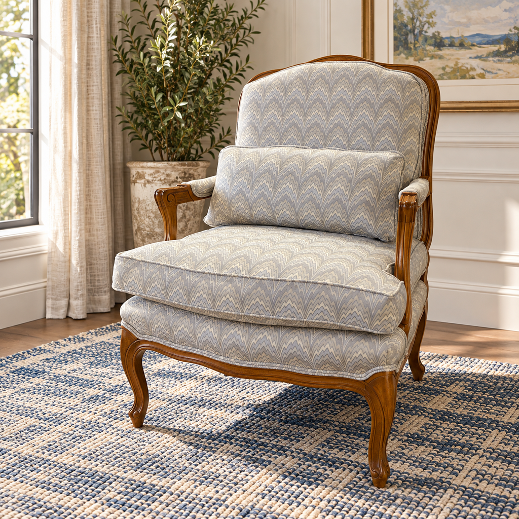 Flamestitch Upholstered Bergere Chair w/ Lumbar Pillow