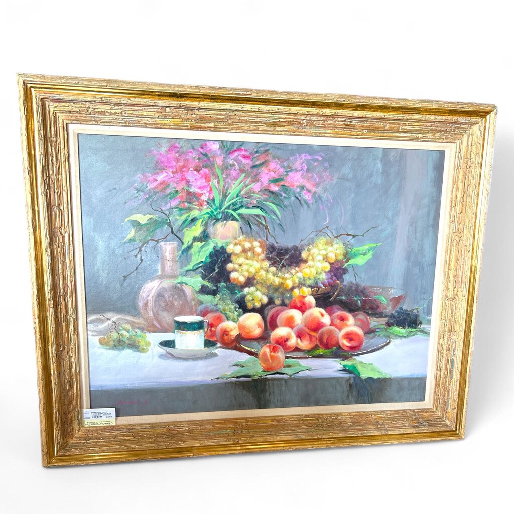 Weather Wood Framed Grapes & Peaches Oil Painting