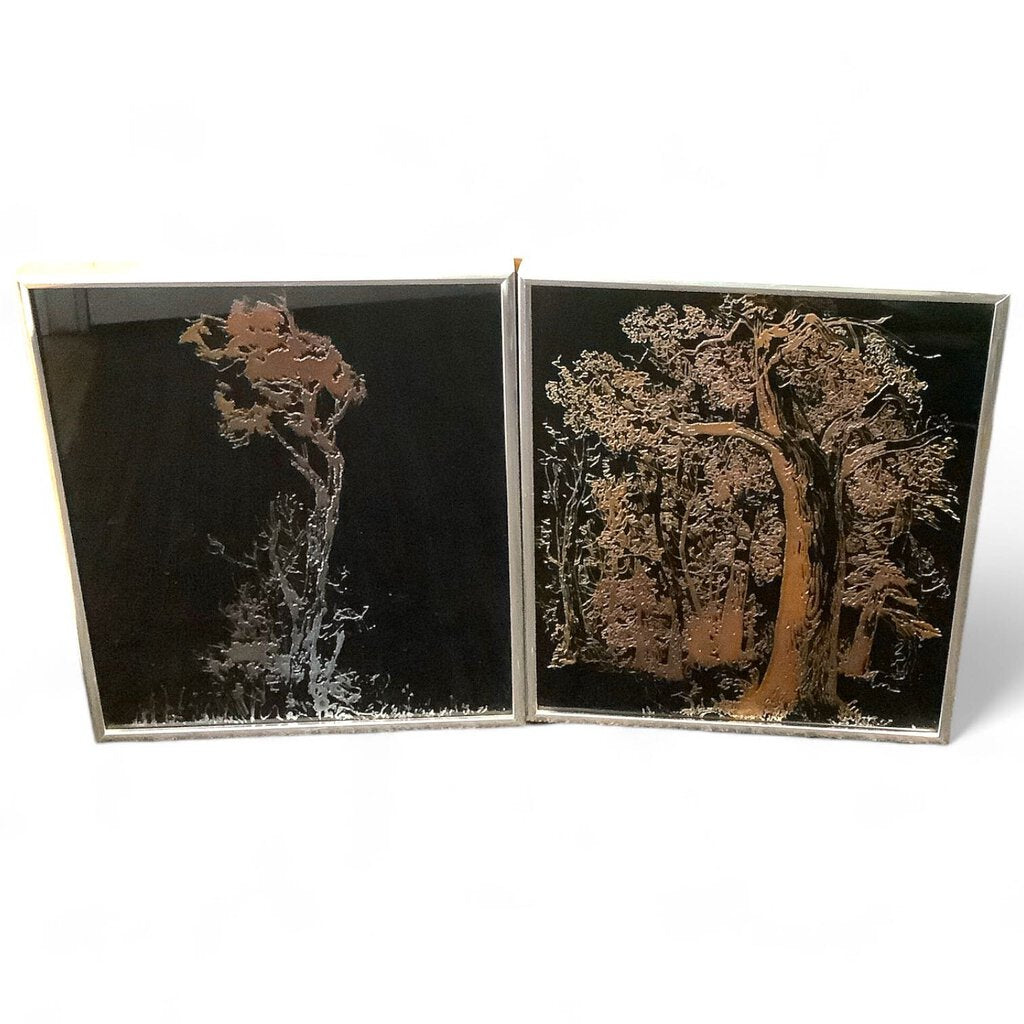 Set/2 Iridescent Trees Framed Art Glass