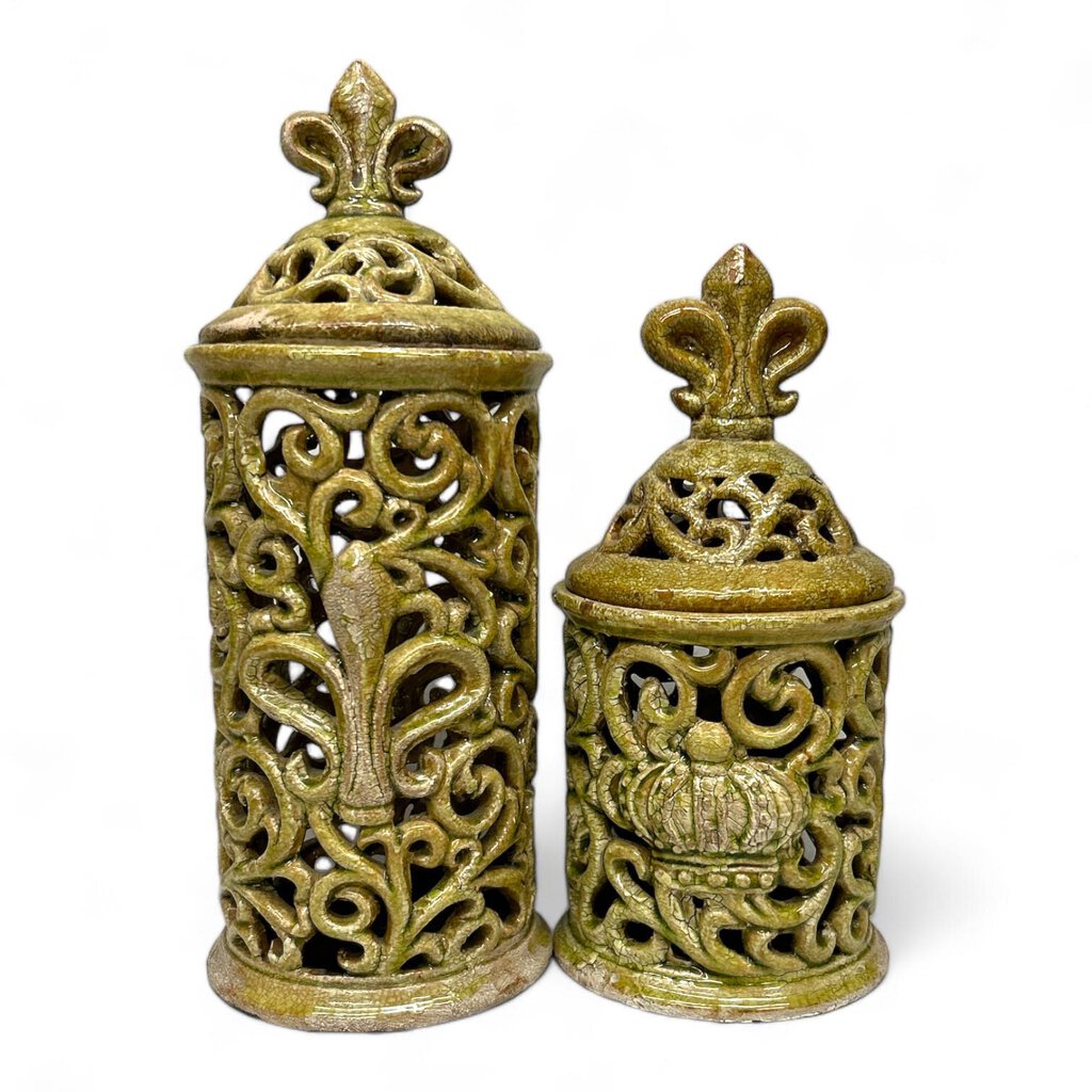 Pair of 2 Lidded Crackle Scroll Canisters