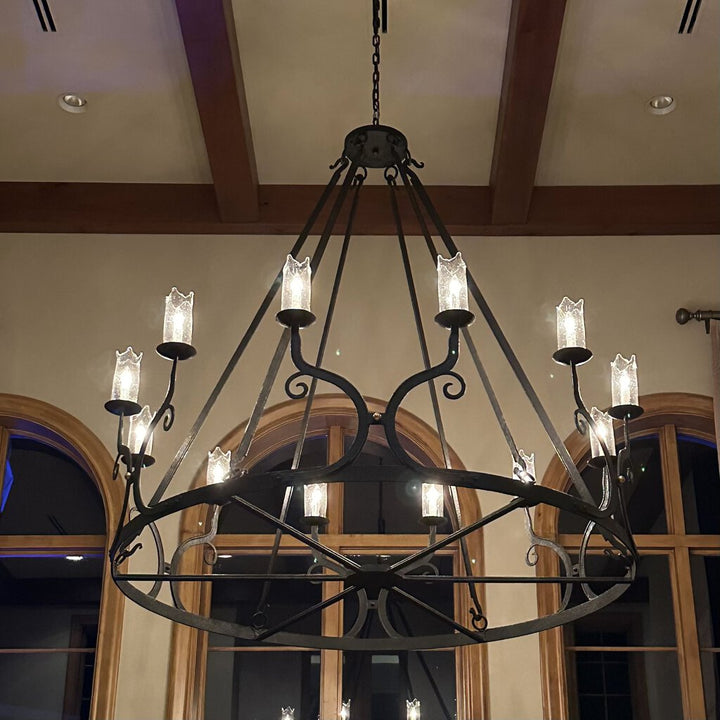 Large Iron Chandelier with Bubble Glass Hurricane Shades