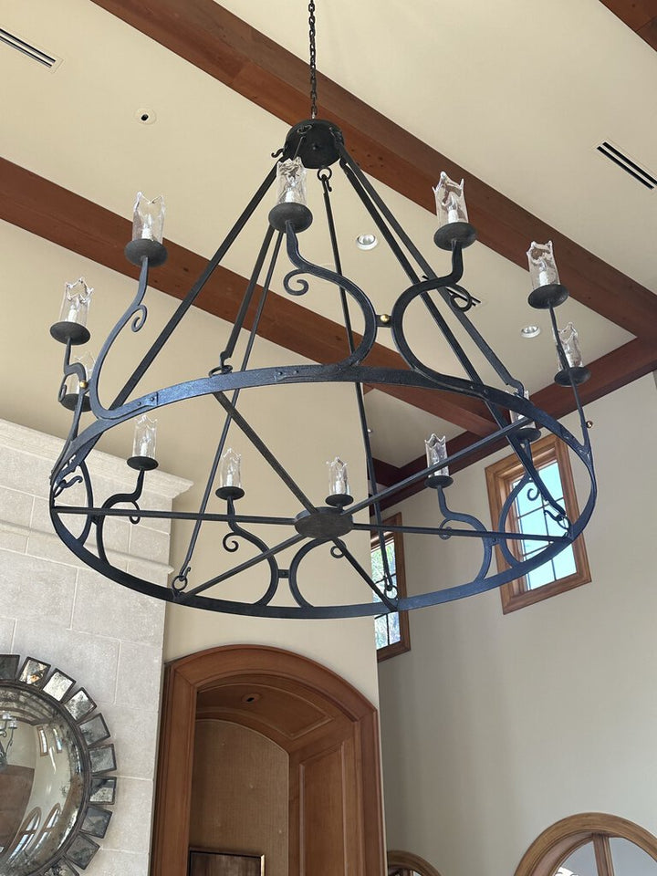 Large Iron Chandelier with Bubble Glass Hurricane Shades