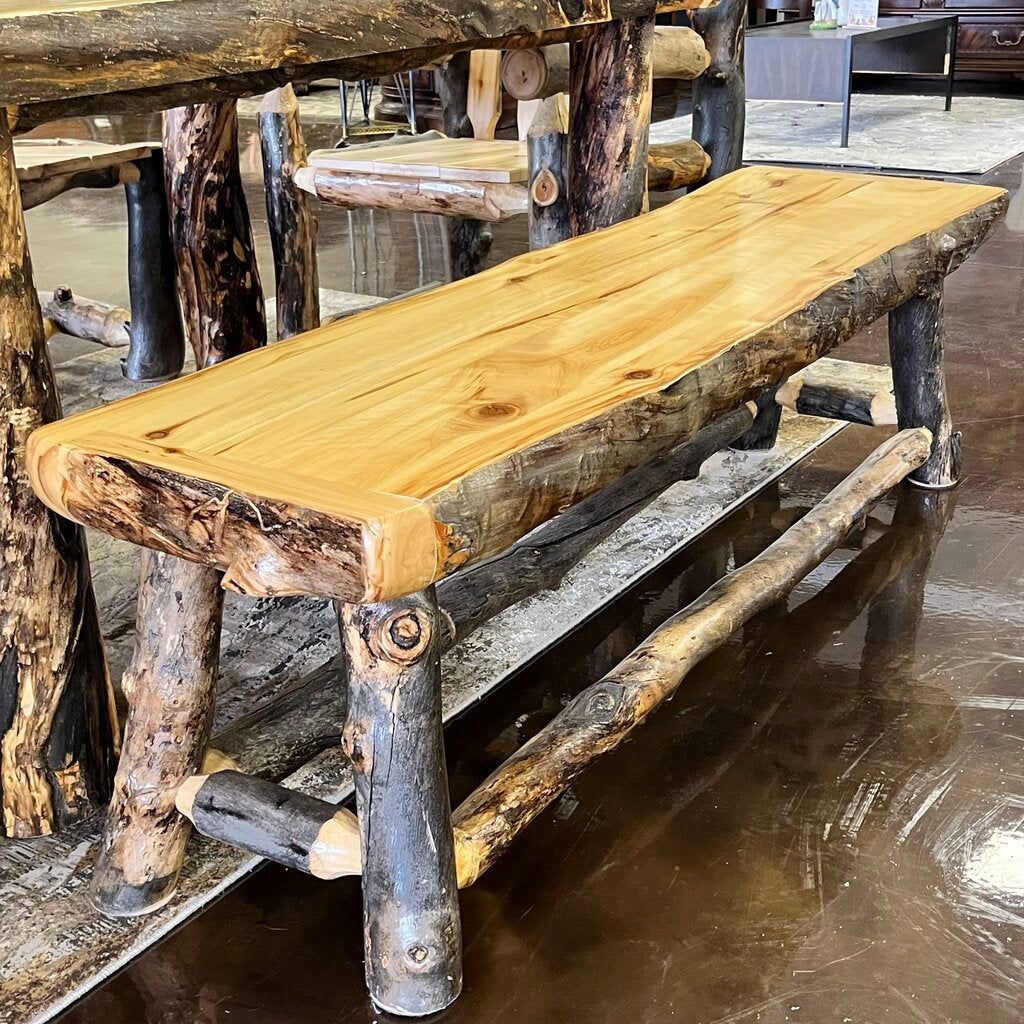 Orig PRICE $3180 - Log Dining table w/ Bench & 4 Chairs