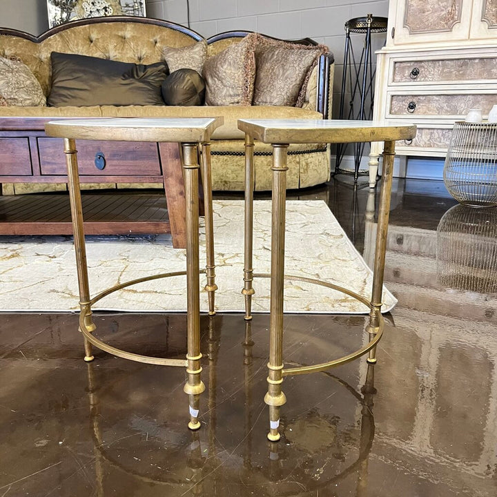 Orig. Price $1840 - Pair Of Demilune End Tables w Marble Tops