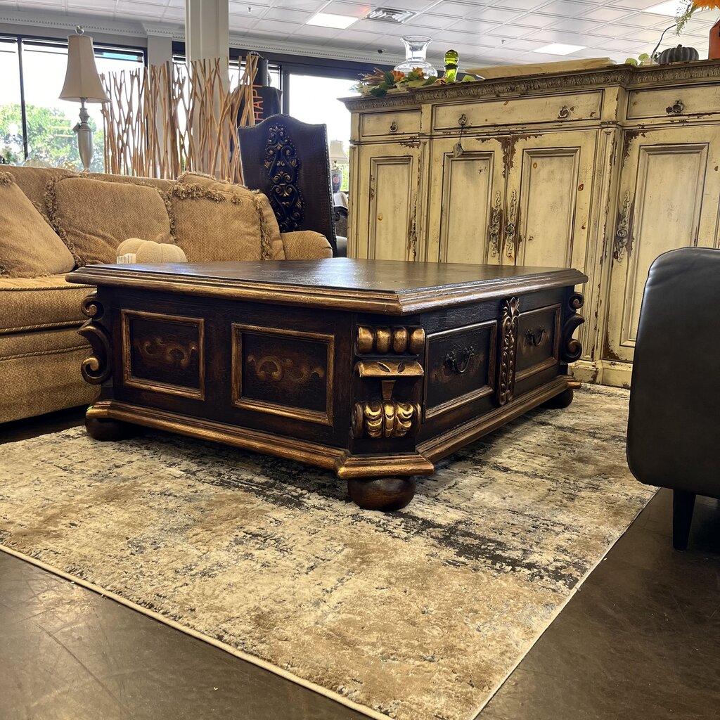 Orig Price $2000 - Carved Cocktail Table w/ Storage