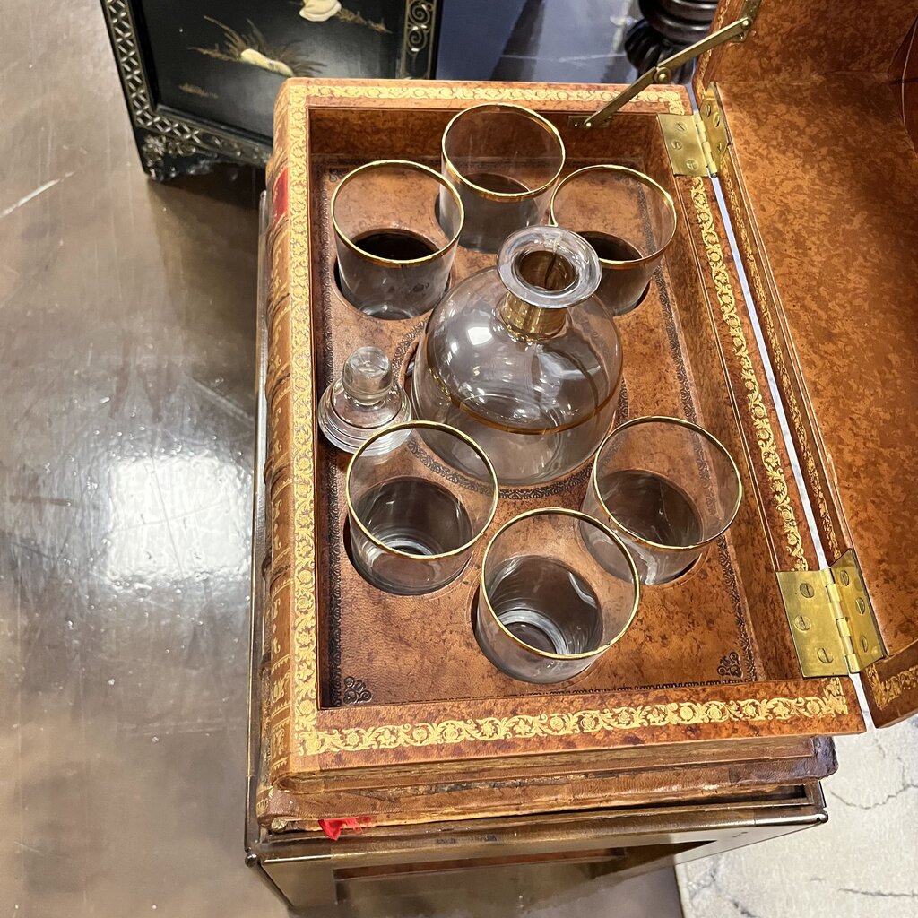 Orig Price $1600 - Book Box w/ Decanter & 6 Glasses