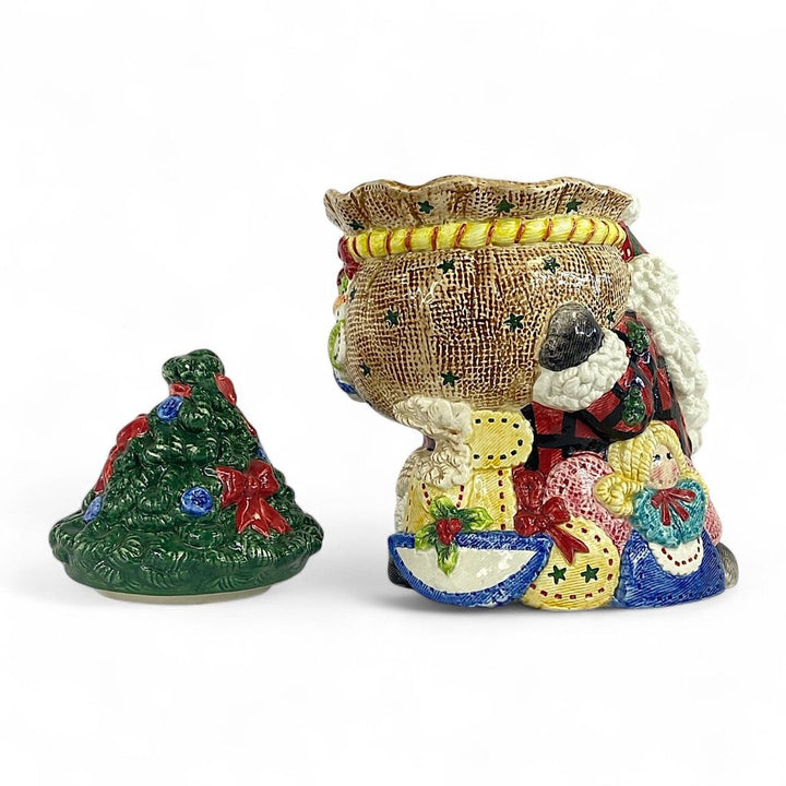 Homespun Folk Art Christmas Cookie Jar with Lid