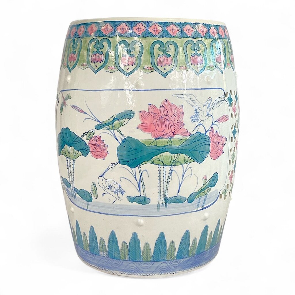 Ceramic Stool with Painted Lily Pads Pattern